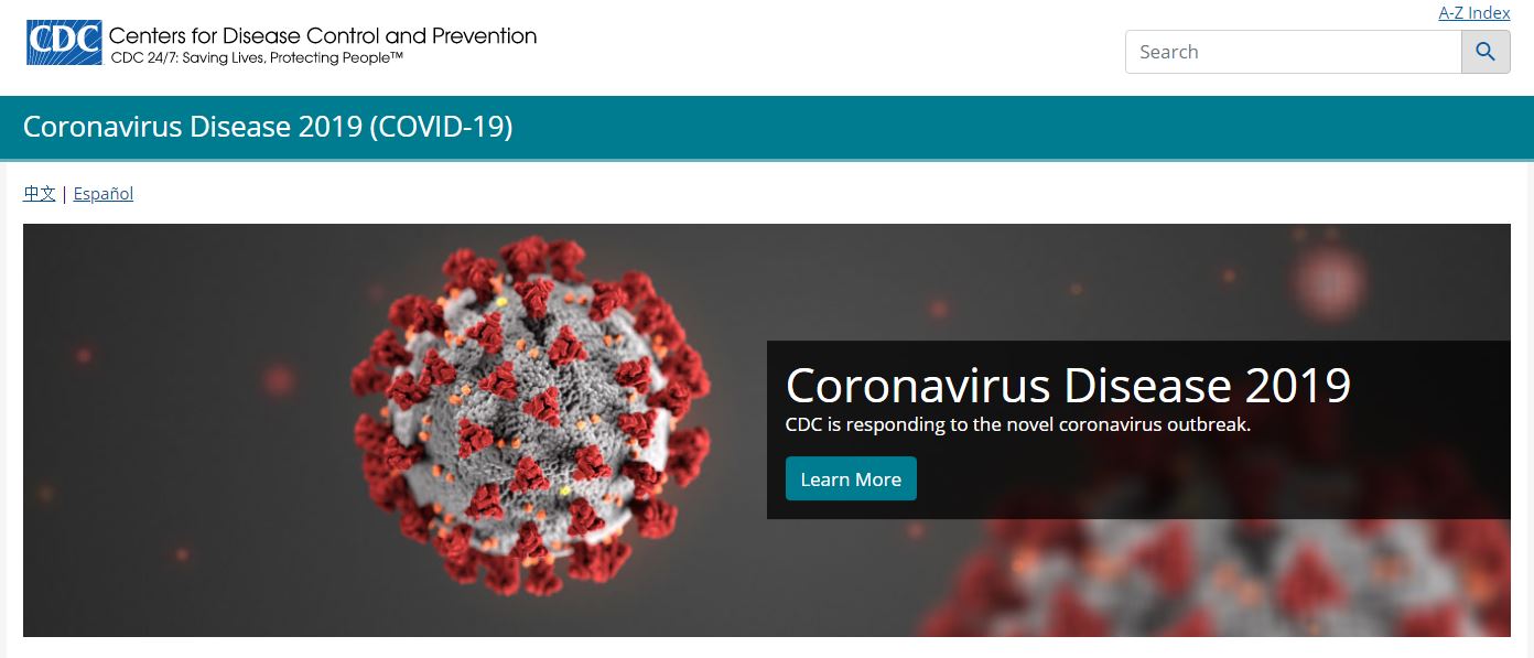 Coronavirus Disease 2019 header from CDC website with photo of circular virus with red spike protein
